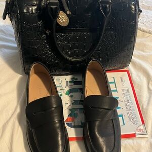 Black Leather Loafers with Croc-Embossed Black Satchel